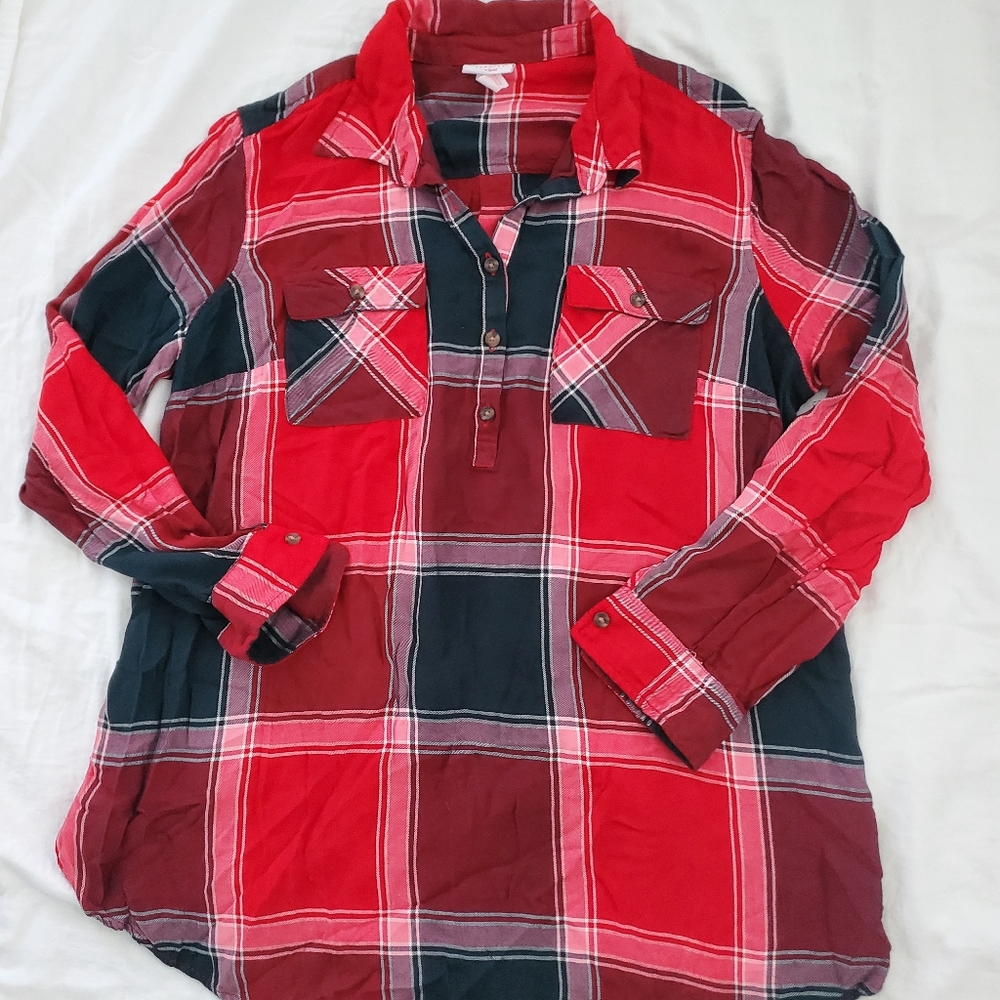 Womens Maternity red, black and white flannel tunic tie top